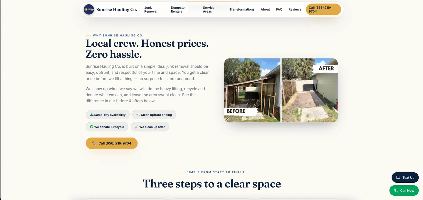 Sunrise Hauling Co. website built by Manta Digital Solutions